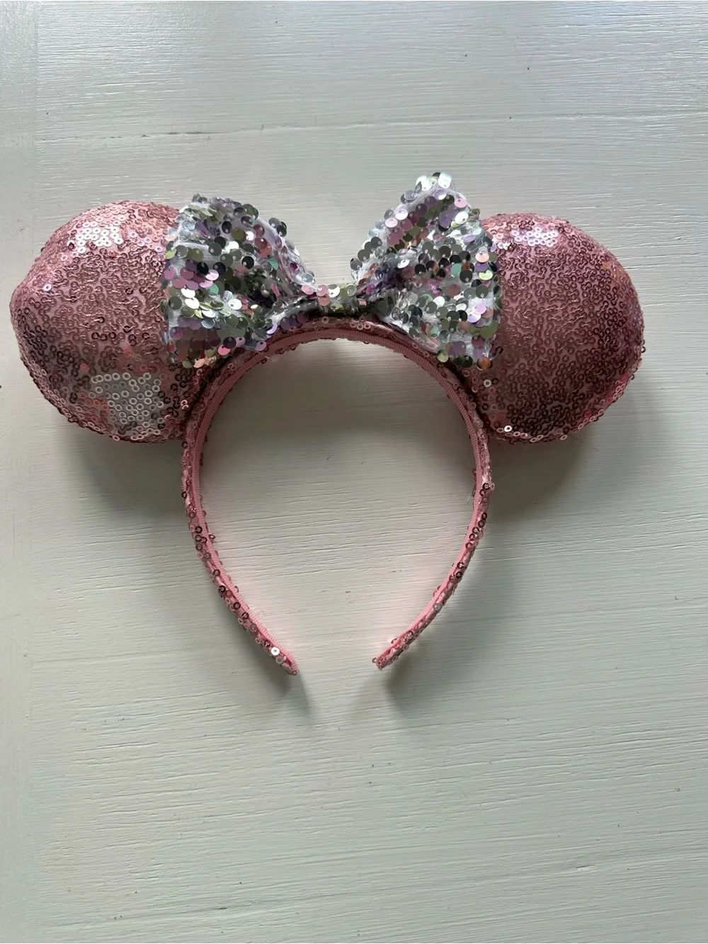 Disney Pink Sequin Minnie Ears Headband with Silver-White Bow